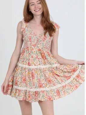 Angie Floral Smocked Midi Dress in Cream, Orange and Green